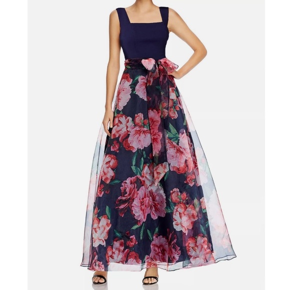 Eliza J Floral Organza Ballgown Square Neck Sleeveless Maxi Dress Sash Belt 12 - Picture 1 of 12